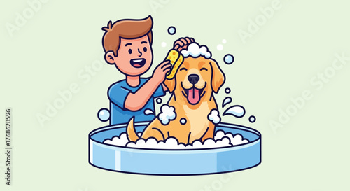 Cartoon boy happily washing a golden retriever dog in a tub.