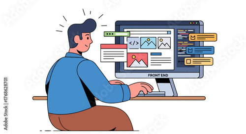 Front-End Developer Working On Code With Illustrations And Floating Elements Design