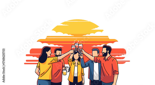 Friends Toasting Drinks Together At Sunset After A Pleasant Day Together To Celebrate
