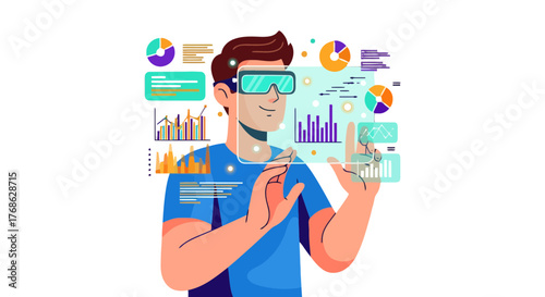 Futuristic Analyst Using Virtual Reality Goggles Exploring Data Visualization On Black Background