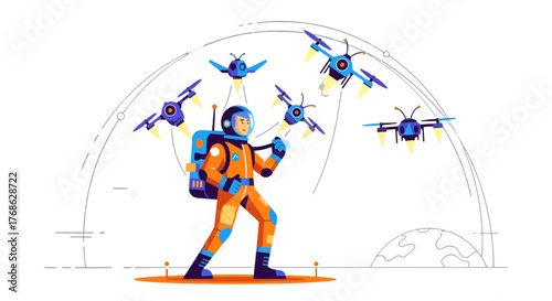 Futuristic Astronaut Manipulating Drones In Outer Space With Earth In The Distance