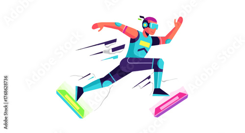 Futuristic Athlete Soaring Swiftly Through Augmented Reality Experience With Vibrant Graphics