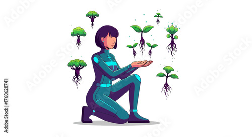 Futuristic Botanist: A Visionary Encounter with Suspended Flora in Galactic Attire