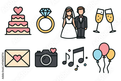 Wedding-themed icons featuring a bride and groom, a tiered cake, engagement ring, champagne glasses, love letter, camera with heart, musical notes, and colorful balloons.