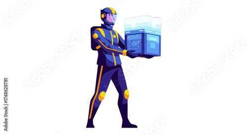 Futuristic Deliverer: A Cyber Delivery Person with a Package on a Black Background