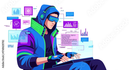 Futuristic Data Analyst Working On Digital Visualizations Over Seamless Black Background