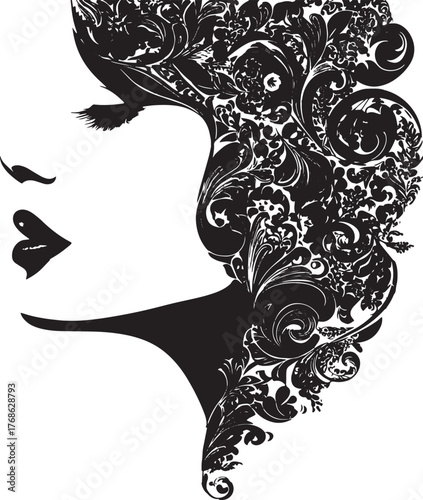 Beautiful woman face with floral hair, vector illustration design