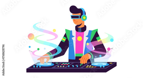 Futuristic DJ Playing Music With Colorful Visuals In An Electronic Music Environment