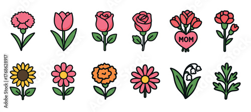 Colorful collection of twelve simple, cartoon-style flowers, each with distinct shapes and colors, including roses, tulips, sunflowers, and daisies.