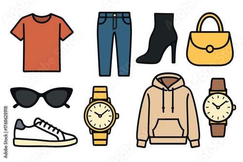 Set of eight fashion items including a t-shirt, jeans, high-heeled boot, handbag, sunglasses, sneakers, watches, and a hoodie.