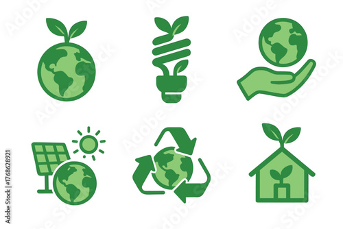 Series of green eco-friendly icons featuring earth, a light bulb, recycling, and solar panel symbolism for sustainable development.