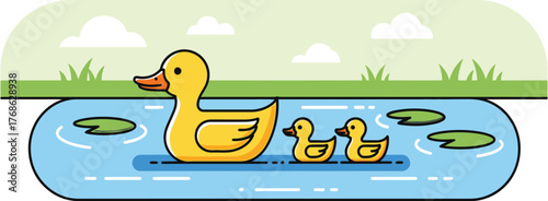 Cute cartoon mother duck swimming with her two ducklings.