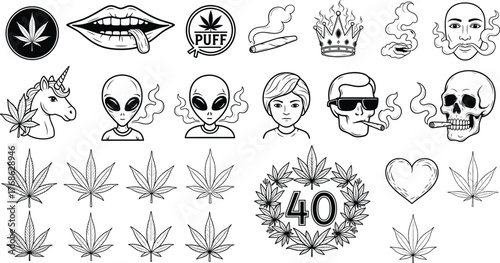 Cannabis and fantasy icon set, black vector illustrations, alien, unicorn, smoke, leaf, skull, puff art, editable graphic design bundle