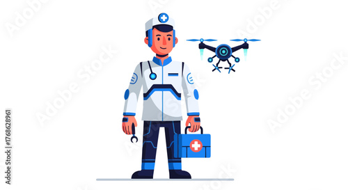 Futuristic Paramedic With Drone Delivering Medical Supplies In An Abstract Style