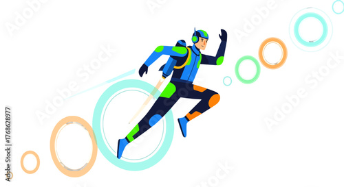 Futuristic Person Leaping Forward Against Black Background With Orbs Illustrative View