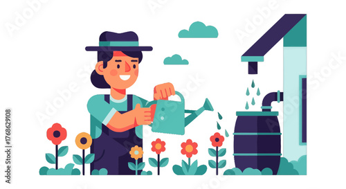 Gardener Watering Flowers, Harvest Rainwater, Ecology, Sustainable Life, Eco-Friendly Project