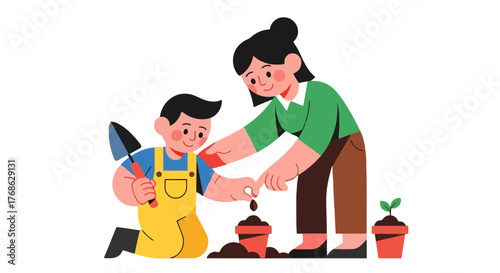 Gardening Education: A Mother Guides Her Child's Hands Planting Seeds in Pots