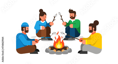 Gathering Around Glowing Campfire While Roasting Marshmallows During Friendly Get Together