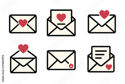 Six flat style envelope icons with red heart symbols indicating messages of love, including open and closed variations.