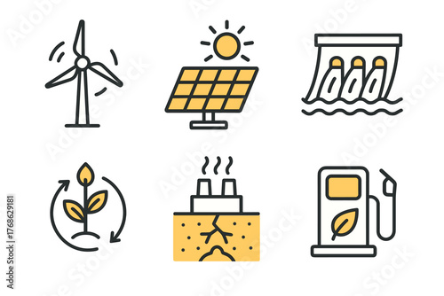 Collection of six eco-friendly energy icons, including wind turbine, solar panel, hydroelectric dam, recycling plant, geothermal plant, and biofuel pump.