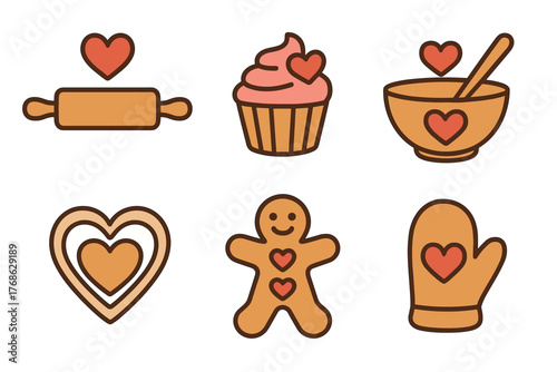 Simple colored icons of baking items including a rolling pin, cupcake, mixing bowl, heart shapes, gingerbread man, and oven mitt, each adorned with heart motifs.