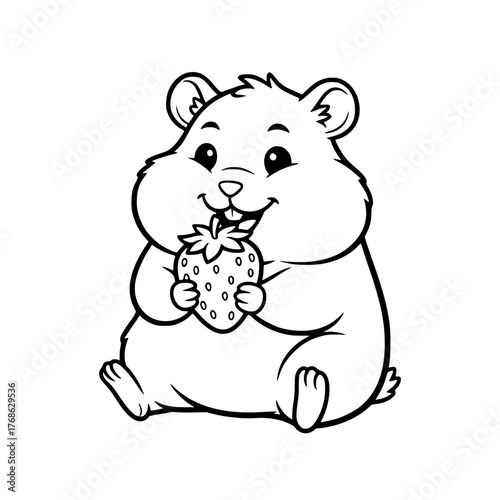 Cute hamster nibbling strawberry, simple cheerful coloring page for toddlers Generative aI