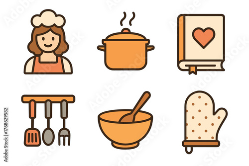 Collection of six kitchen-themed icons, including a female chef, cooking pot, recipe book, utensils, mixing bowl, and oven mitt.