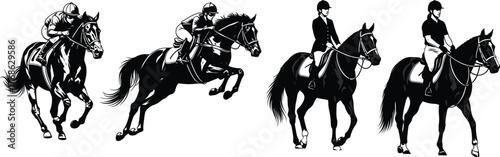 Horse riding silhouette vector set, equestrian sport illustration, black rider and horse icons, dressage and jumping poses, editable graphic design