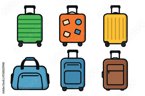 A collection of colorful, wheeled suitcases and duffel bags in various designs and colors, illustrating versatile travel luggage options.