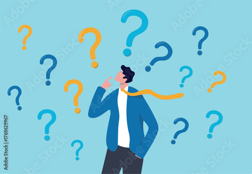 Ask questions, FAQ, problem or curiosity, doubt and confusion to be answer, challenge and uncertainty, unknown information or solution concept, contemplation businessman thinking with question marks