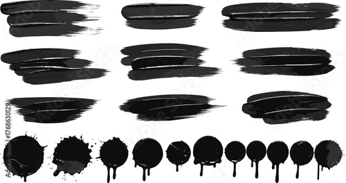 Ink brush stroke vector set, black paint splatter collection, grunge texture elements, abstract artistic marks, isolated design assets for illustration