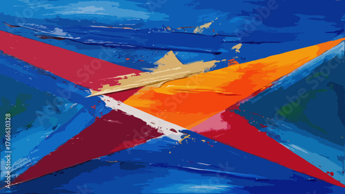 Vibrant abstract oil painting featuring bold red, blue, orange, and gold brushstrokes forming a dynamic star shape. Textured impasto technique creates depth and movement, perfect for modern decor.