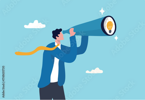 Go to Page
|Prev1234Next
Product discovery, discover new idea or business insight, searching for innovation, creativity or smart solution, finding success concept, businessman look through telescope t