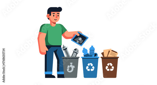 Illustrated Individual Dumps Trash Into Different Types Of Recycling Bins