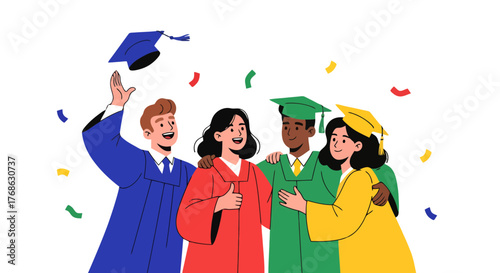 Graduates Celebrating Their Success and Achievement With Colorful Confetti in the Air