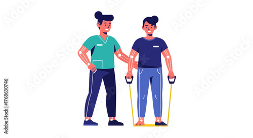 Illustrated Physical Therapy Session Depicting Medical Professional Assisting Patient Recovery