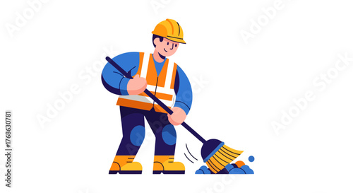 Illustrated Sanitation Worker Sweeping Debris, Focusing On Occupational Safety And Cleanliness