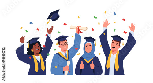 Graduation Celebration Illustrating Joyful Students and Bright Futures After Accomplishing Goals