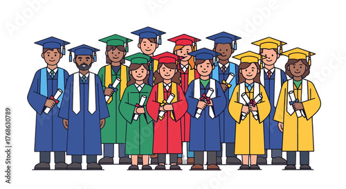 Graduation Celebration Illustrative Design Depicting Various Students Holding Diplomas