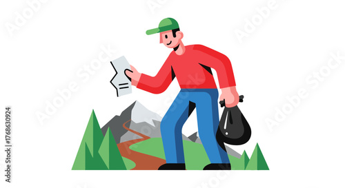 Illustration Of A Man Cleaning The Environment And Exploring Nature With Documentation