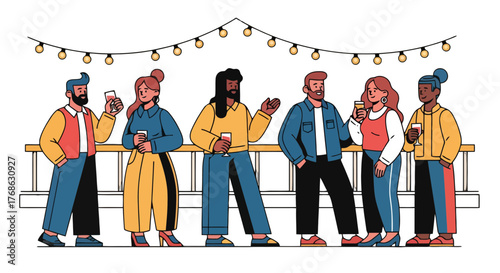 Group Of Diverse Friends Enjoying The Night With Drinks Under Festive Lights