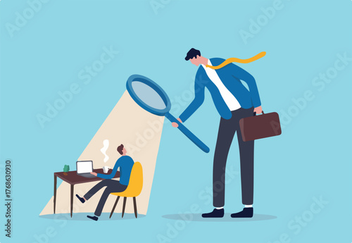 Micromanaging boss, toxic manager monitoring every details, excessive supervision and control of employee work and processes, micromanager boss using magnifying glass keep looking at employee working.
