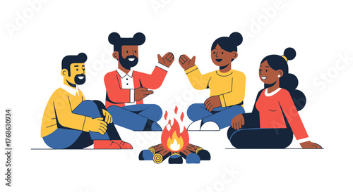 Group Of Diverse People Around Campfire Sharing Stories In The Evening