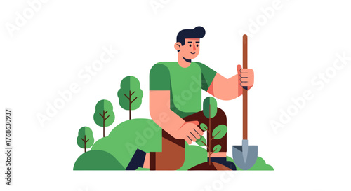 Illustration Of A Man Planting A Tree Symbolizing The Importance Of Nature
