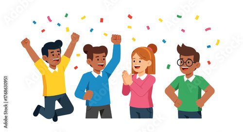 Group Of Excited People Celebrating In Celebration With Confetti Sprinkled Above