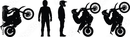 Motorcycle stunt silhouette set, wheelie pose, rider in gear, black vector illustration, extreme sport icon, biker graphic, action design elements