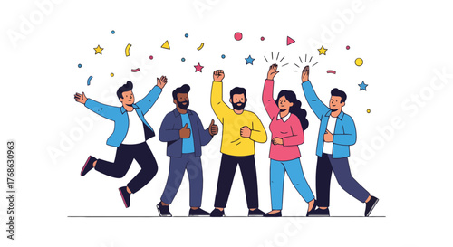 Group Of Diverse People Celebrates A Collaborative Success Amidst Confetti Delight