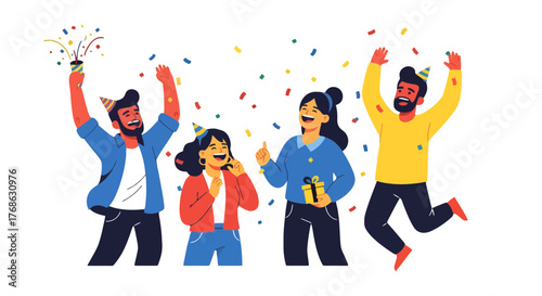 Group Of Excited People Celebrating With Confetti And Presents Cheering Together