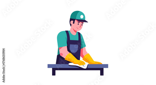 Illustration Of A Person Cleaning A Table With Yellow Gloves And A Cleaning Cloth