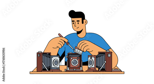 Illustration Of A Person Cleaning Vintage Cameras, Technical Restoration Work Focus